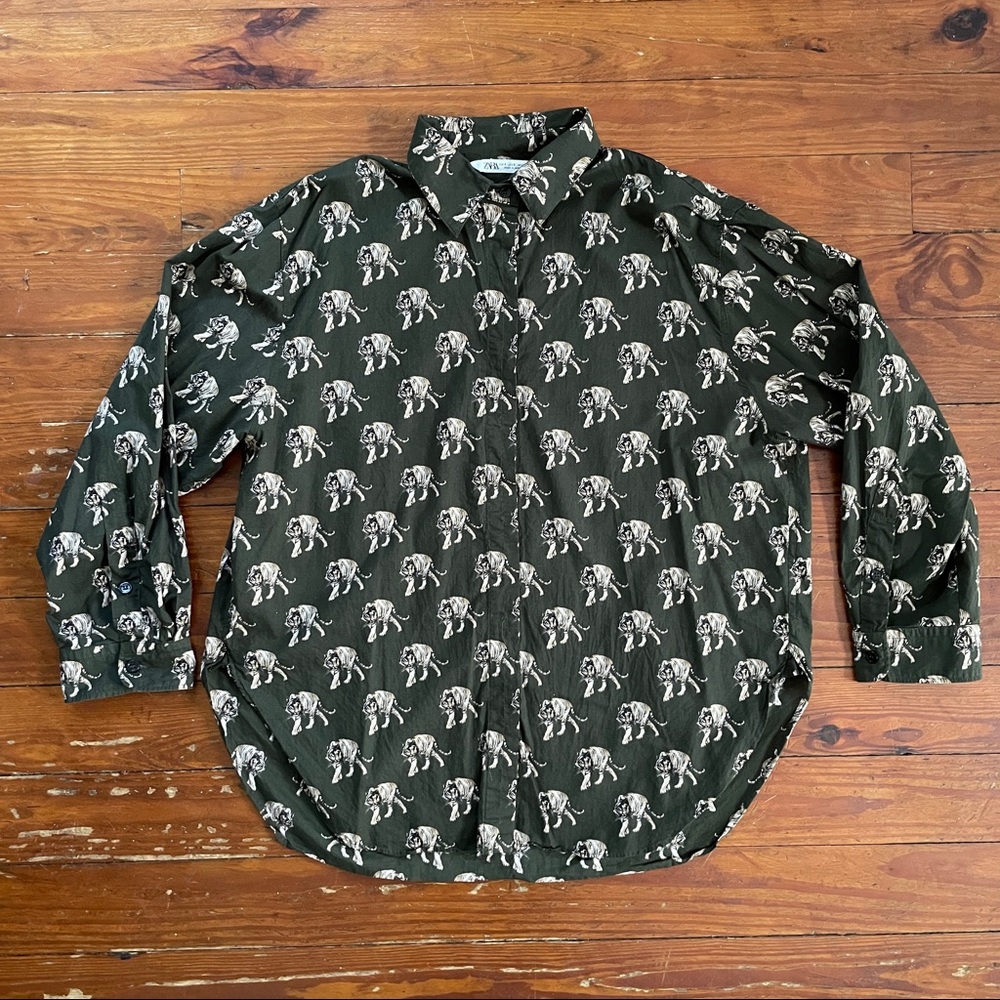Zara Tiger Olive Button Down Shirt